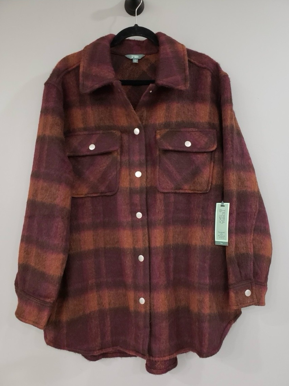 Women's Plaid Shacket Jacket in Burgundy and Rust